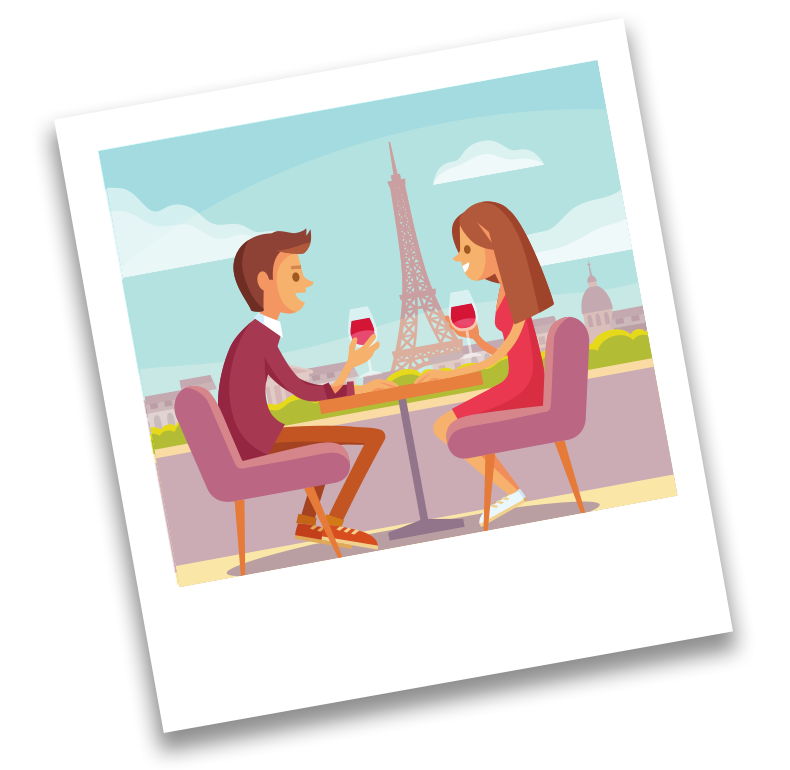 Couple sitting together in a French cafe.
